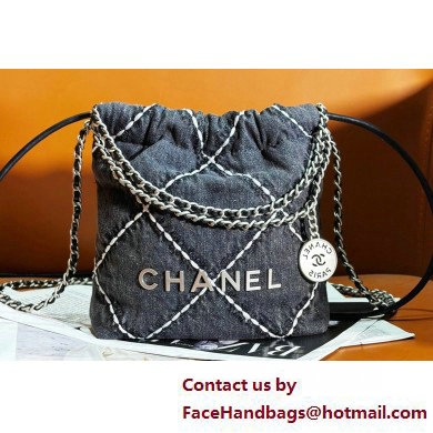 Chanel Stitched Denim & Silver-Tone Metal CHANEL 22 Mini Handbag AS3980 Black